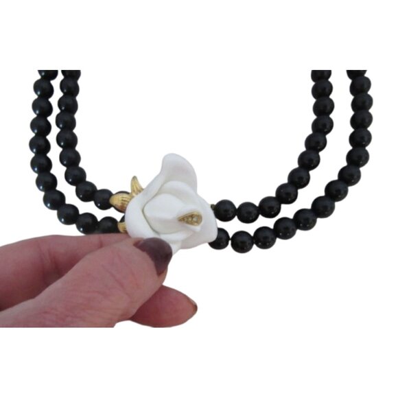 Kenneth Jay Lane For Avon Midnight Rose Necklace Vintage 80s Double Strand Black - Picture 4 of 8
